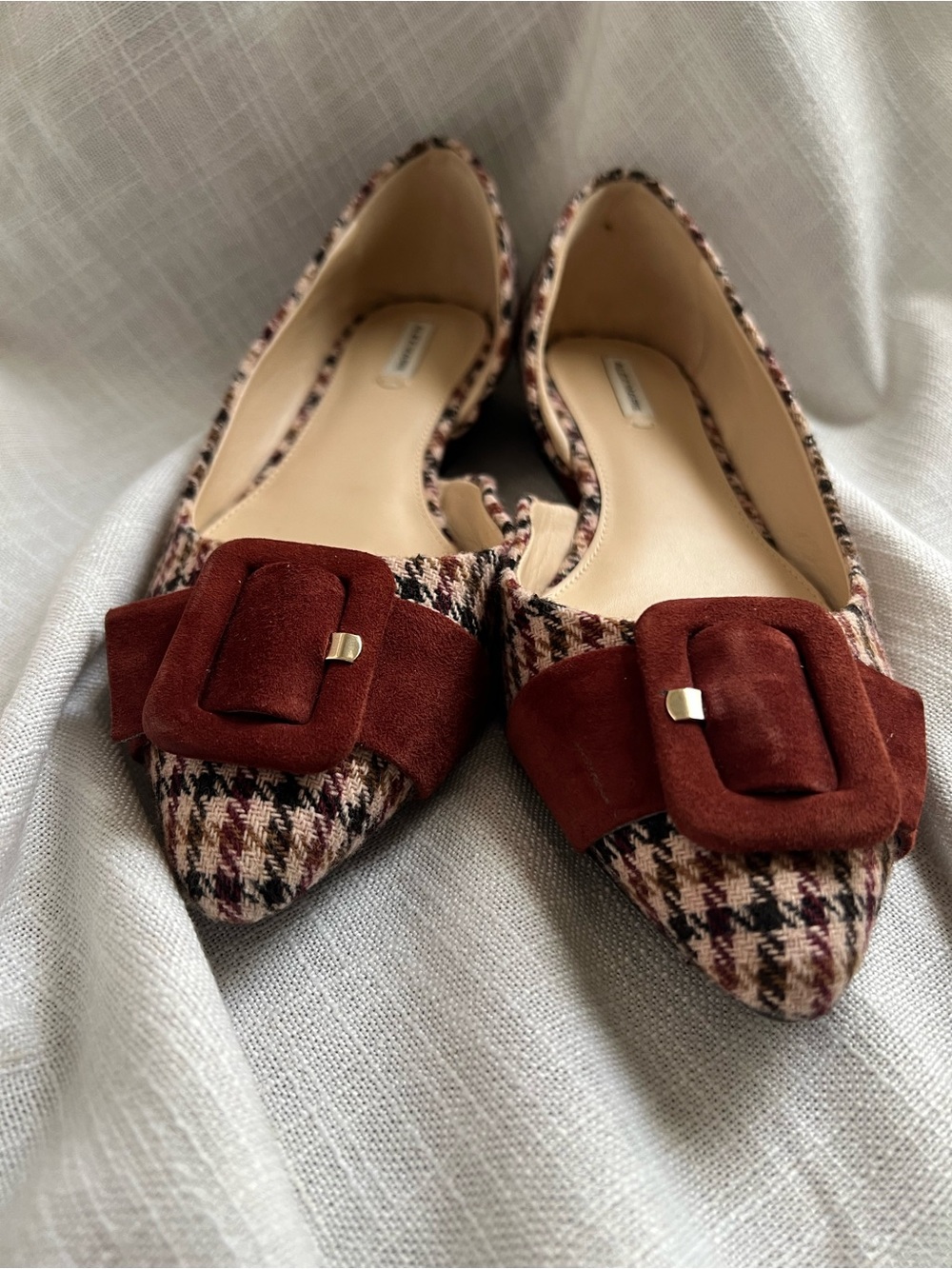 Alex Marie Burgundy Tweed Pointed Flats with Suede Buckle